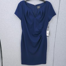 Adrianna Papell Notched Neck Pleated Sheath Navy Satin Dress Womens Size 12 NWT