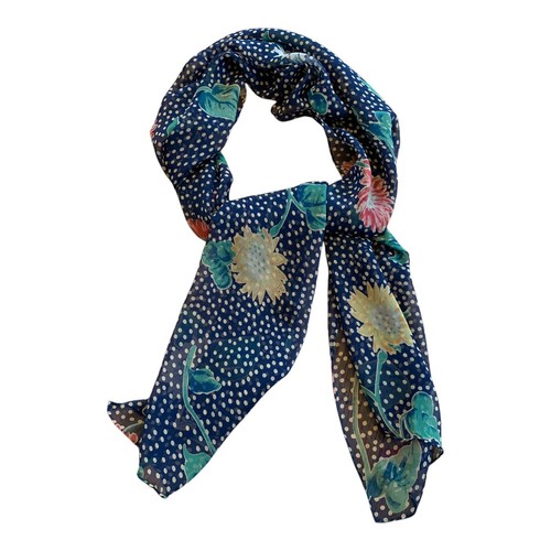Vintage Silk Chiffon Scarf Blue Floral Polka Dot Long Oblong 17"x62" Bloomcore - Picture 1 of 5