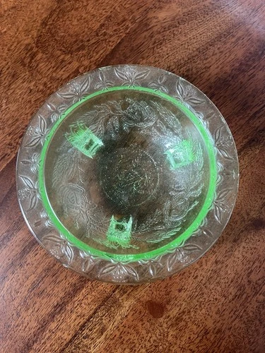 Vaseline Glass Uranium 5” Footed Bowl Vintage Depression Glass