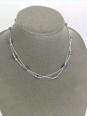 MILOR ITALY Sterling Silber 2 Strang mit blauen KUNSTGLAS Perlen Halsreif HALSKETTE