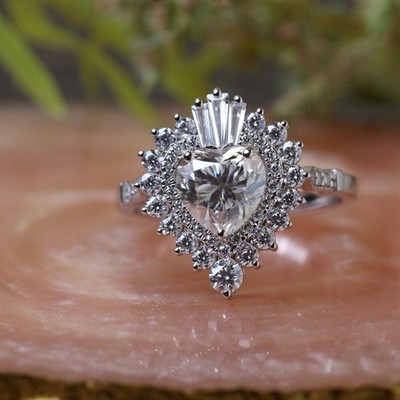 Art Deco 2.0 Ct Heart Cut Moissanite Double Halo Cathedral Valentine Gift Ring