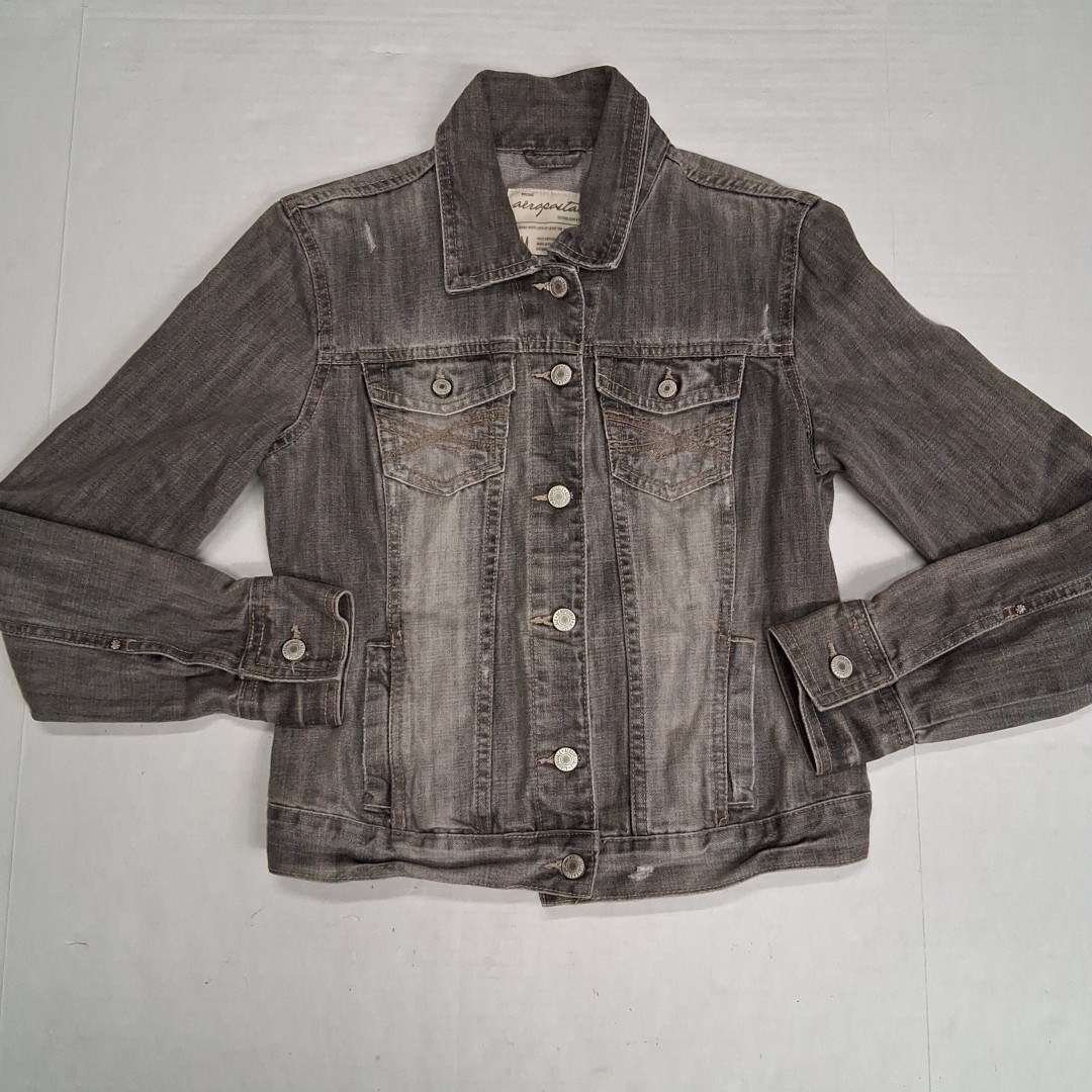 Aeropostale Women's Denim Jean Jacket Size Med Gray Button Front Distressed Y2K