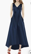 Alfred Sung Satin High/Low Sleeveless V-Neck Gown in Midnight Size 2R