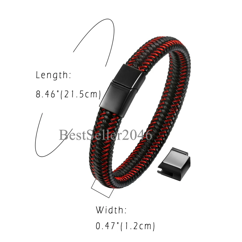 Pulsera ajustable de cuero trenzado de acero inoxidable con cierre magnético de cuero negro rojo para hombre Foto 3 de 4