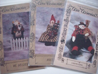 Lot of 3 primitive dolls decor craft patterns Santa Snowmen  Wimsies   *CB