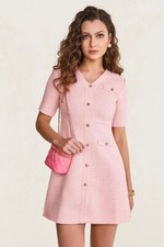 J. ING Pink Button Detail V-Neck Fitted Waist Tweed Mini Dress Size M