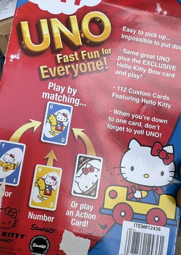 UNO Hello Kitty Card Game 112 Custom Cards Bow Card Cardinal Sanrio Mattel 2012 - Picture 2 of 2