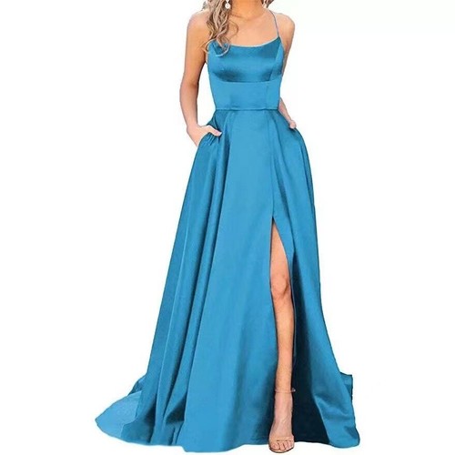Sexy Satin Blue Party Dresses Spaghetti Strap High Split A Line Prom Dresses - Picture 26 of 39