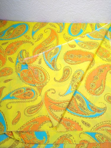 vintage fabric cotton poly blend material PAISLEY orange yellow turquoise 70s 2+ - Picture 6 of 8