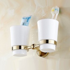 Gold Color Brass Wall Mounted Toothbrush Holder with Dual Ceramic Cups eba932