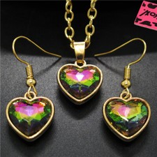 New AB Colorful Crystal Heart Pendant Chain Fashion Women Necklace Earring Set