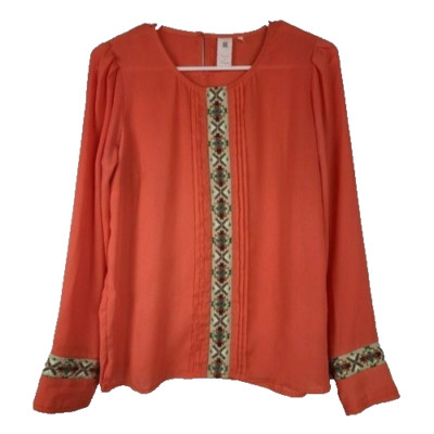 Needle & Thread Womens BOHO Blouse Top Small Orange Embroidered Aztec Festival