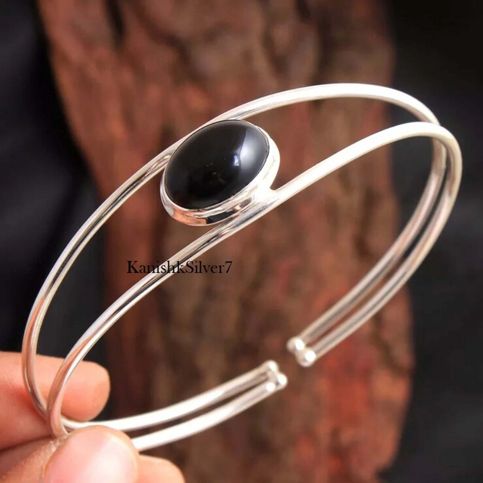 VALENTINO Bracciale Onice Nero Argento Sterling 925 Fatto a Mano Pietre Preziose Donna