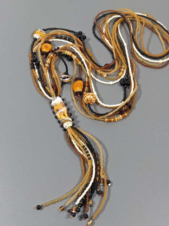 Collar Playa Costero Tribal Ámbar Marrón Negro Vidrio Cuentas Borla 32 pulgadas Foto 2 de 4