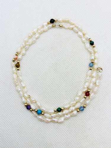 Solid 14k Yellow Gold Rice Pearl Natural Stones Beaded Necklace 24” 10.7g - Picture 2 of 10