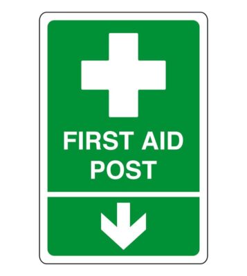 Erste Hilfe Pfosten Pfeil nach unten - Sicherheitsschild - AED Schild, Erste Hilfe Aufkleber, First A