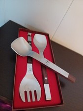 Burnco Vtg MCM Teak Handle Stainless Steel Salad Serving Set + Spoon Ethan Allen