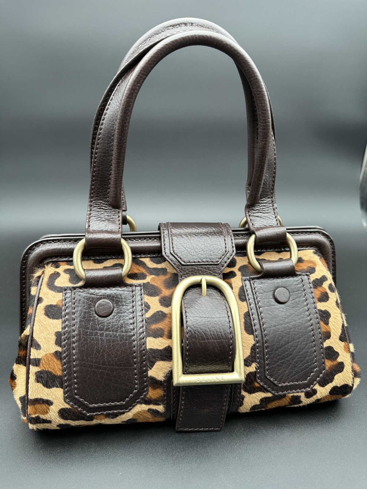 Authentic CELINE Brown Leather Leopard Print Pony… - image 1