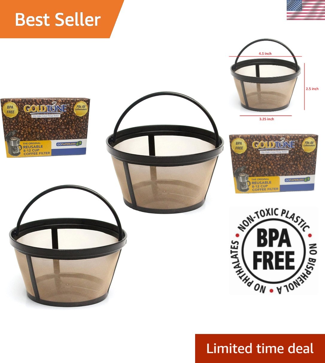 Reusable BPA-Free Stainless Steel Coffee Filters for Mr. Coffee 8-12 Cup, 2 Pack