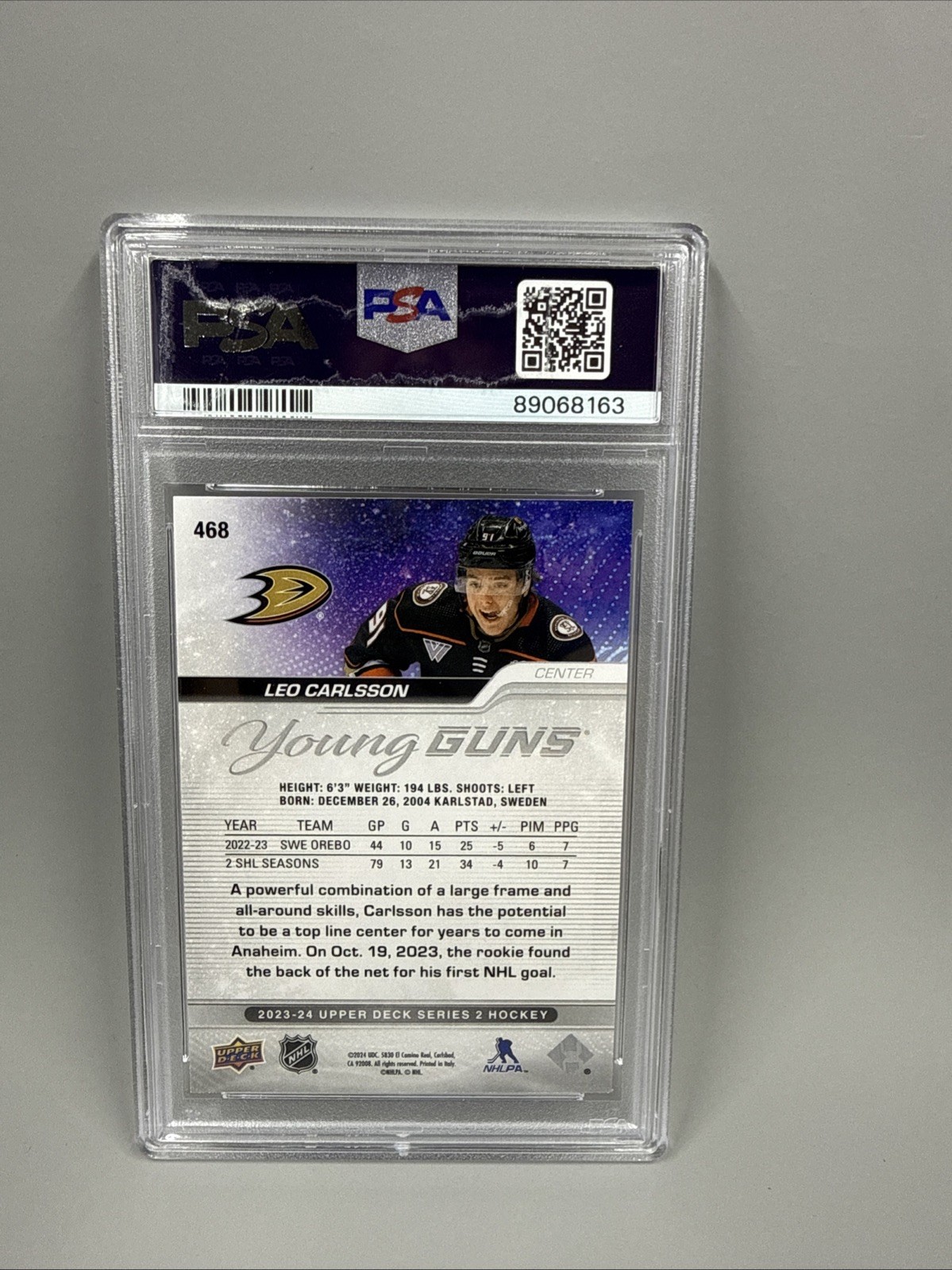 2023-24 Upper Deck Leo Carlsson #468 Young Guns RC PSA 9 view 2