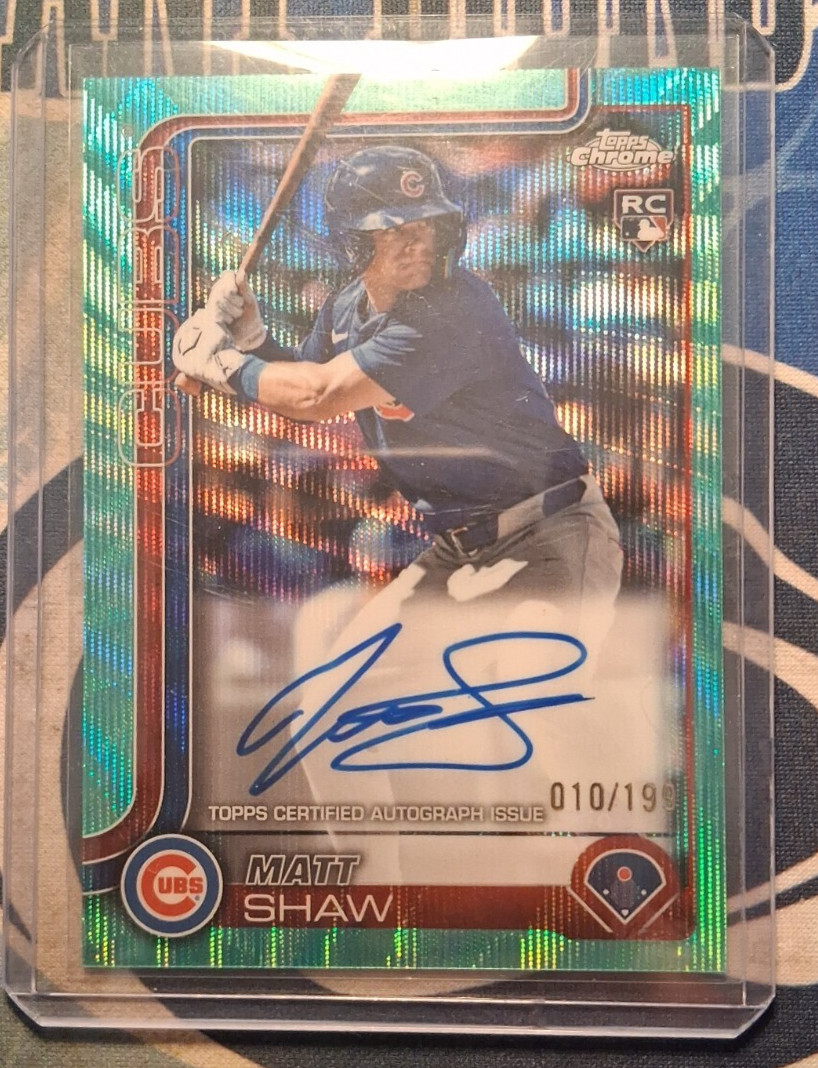 2025 Topps Chrome Matt Shaw On Card True RC Rookie Aqua Wave Auto /199 Cubs