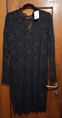 Schwarzes Spitzenkleid Gr. L Hochgeschlossen Langarm Wellensaum Stretch