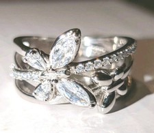 925 Sterling Silver Geometric Women Triple Band Simulated Diamond Butterfly Ring