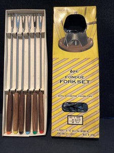 “Gailstyn Co.” Set of 6 Fondue Forks-Wood Handles, Colored Tips Japan