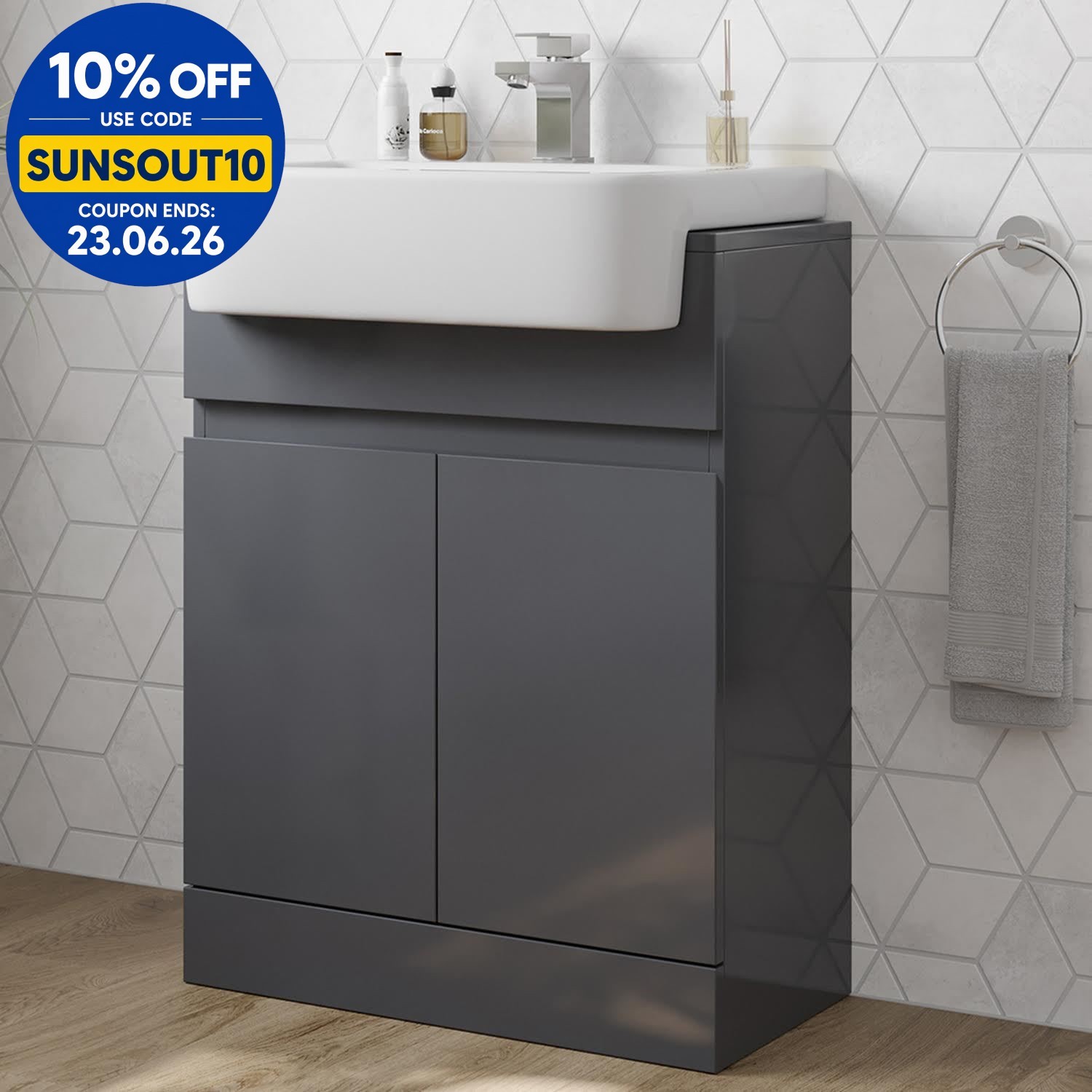 Freestanding Vanity Unit with Basin Ceramic Semi Recessed Sink 620mm Grey Gloss
