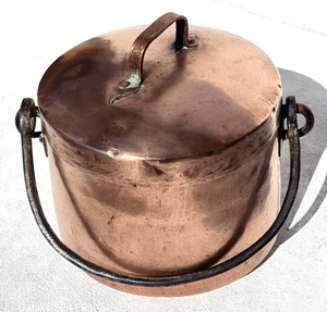 Vintage Copper Pot Cauldron Made in France Hammered Tin Iron Swing Handle 6.6lbs