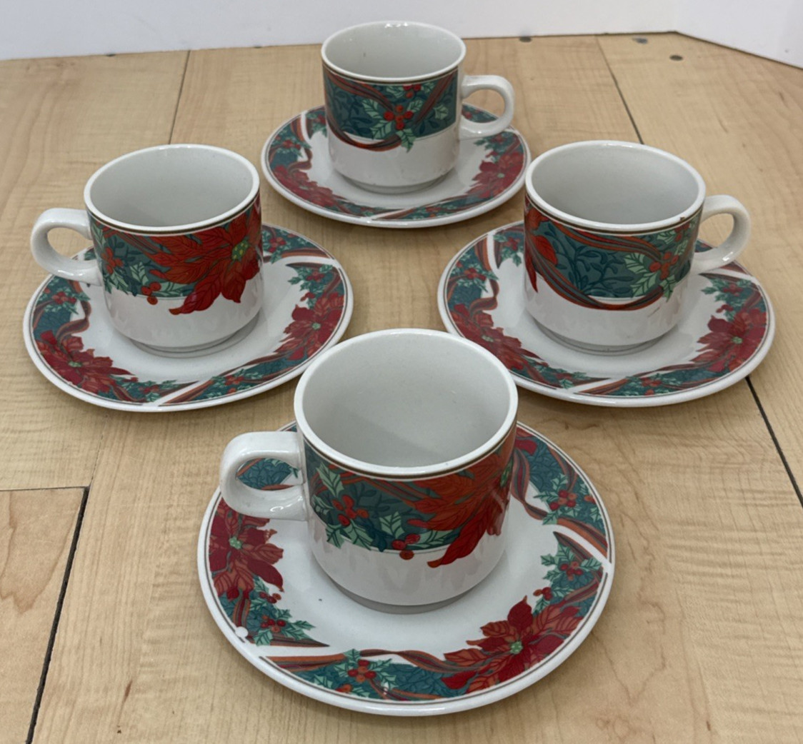 Gibson Poinsettia Christmas Cups & Saucers Set of 4 Holiday Coffee Tea