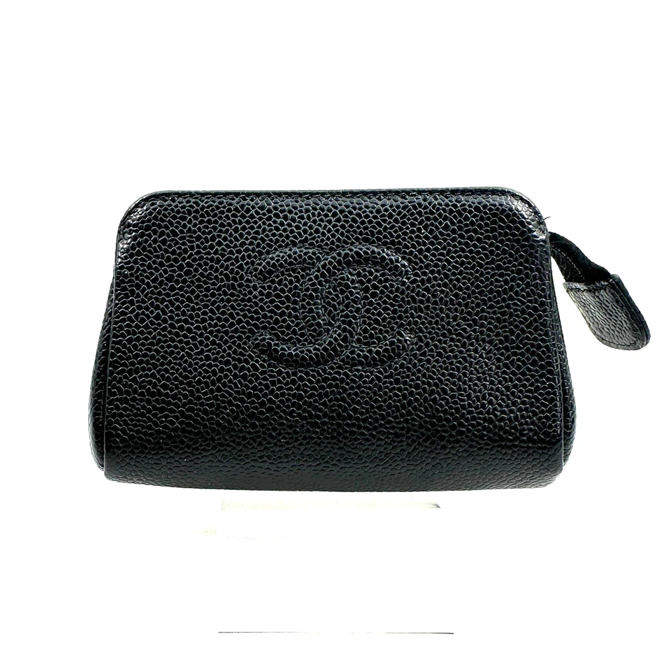 Mini bolsa cosmética Chanel piel de becerro piel de cavidad cuero negro 【BUENO】 auténtico Foto 3 de 4