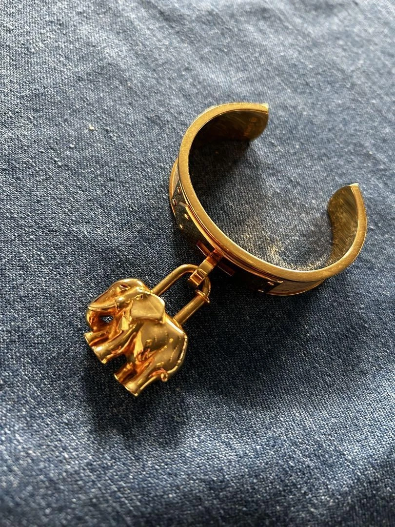 HERMÈS HERMES raro braccialetto sottile oro lucchetto elefante set 2 pezzi ottone 1988