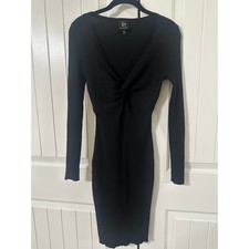 Derek Heart Black Ribbed Knit Twist Front Bodycon Midi Dress M Long Sleeve