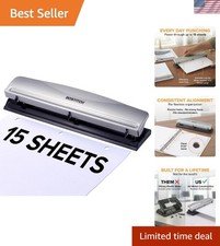 Effortless Metal 3-Hole Punch - 15 Sheet Capacity with Easy Cleanup Tray, Silver