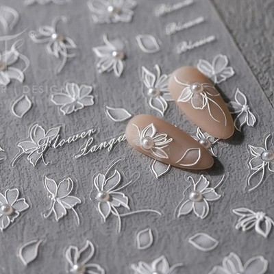 5D Embossed White Flower Nail Art Stickers Pearl Nails Style-14 