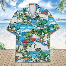 Dinosaur Surfing Tropical Hawaiian Shirt Aloha