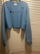 Light Blue Champion Vintage Crop Sweatshirt Reverse Weave Heavyweight embroider