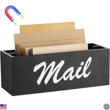 Chic Rustic Magnetic Mail Organizer - Black Wood & Metal Holder with 2 Slots