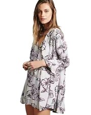 Free People Dress Women Small Gray Purple Floral Swing Flowy Key Hole Tunic Mini