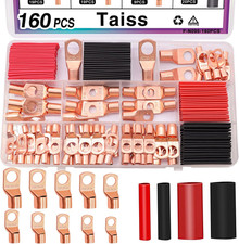 160PCS Battery Cable Ends,Copper Wire Lugs,Awg 2/4/6/8/10/12 Gauge Copper Lugs A