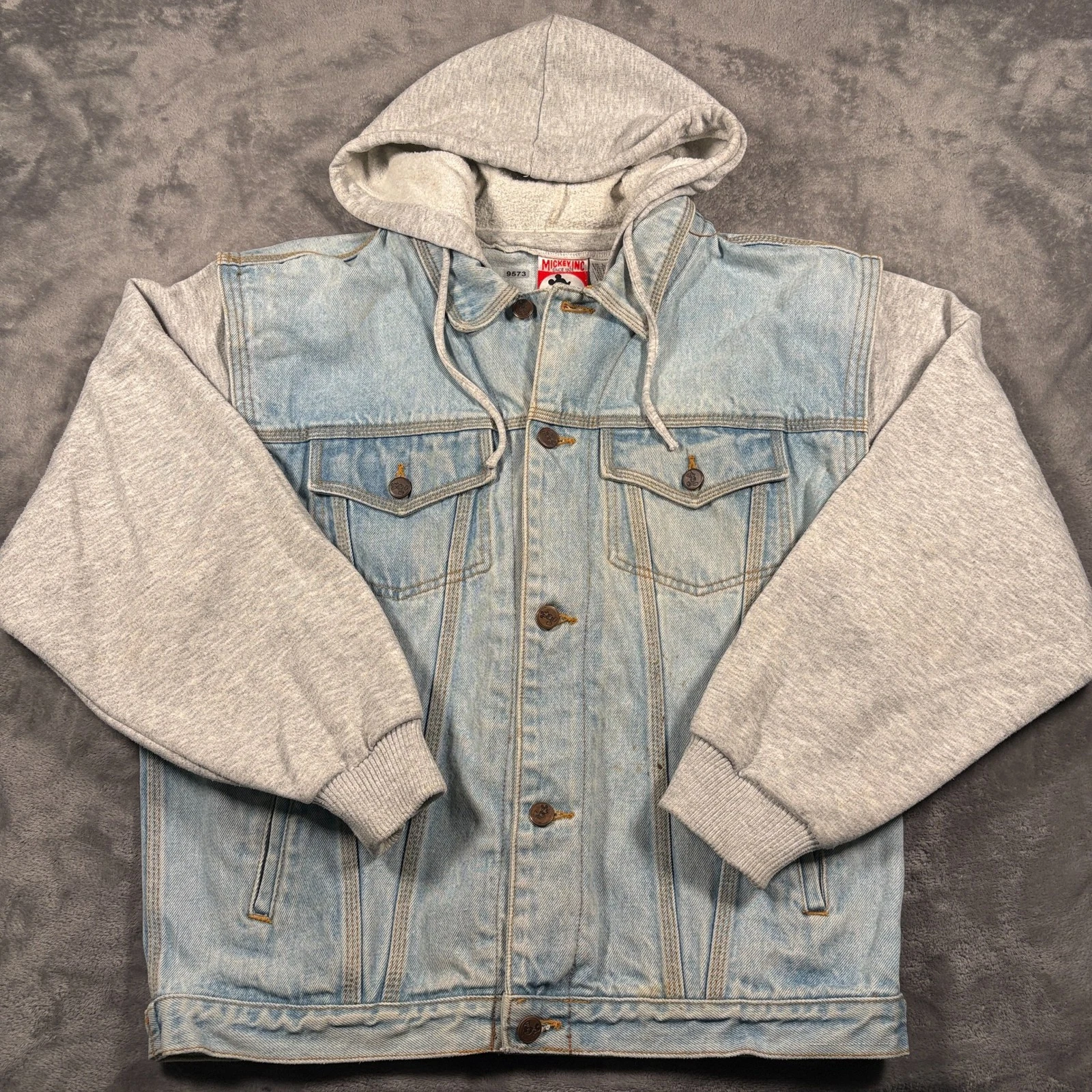 Vintage Mickey Inc. Jacket Mens Large Blue Denim Hooded Embroidered Button Front