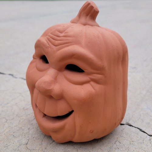 Vintage Terra Cotta Clay JACK O LANTERN Pumpkin Halloween Face Candle Light Up