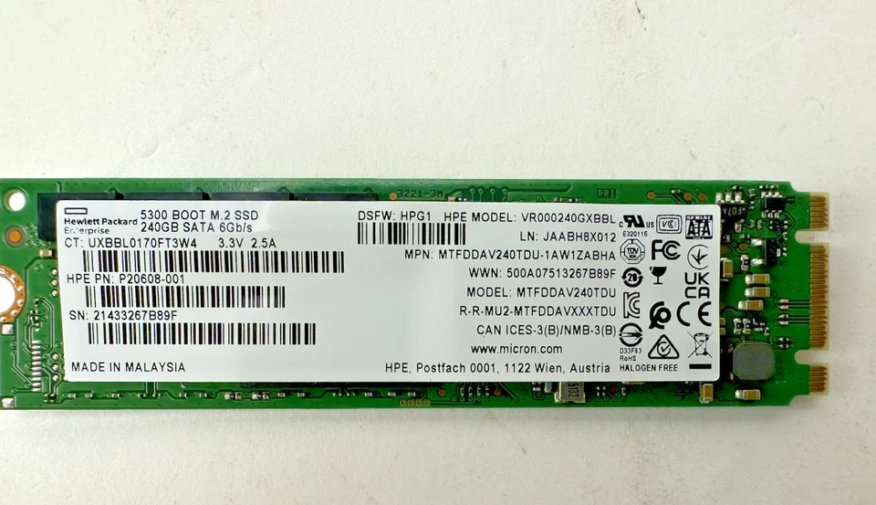 HPE Micron 5300 240GB 6G SATA M.2 2280 SSD 5300B RI Read Intensive P20608-001 - Image 2 of 4