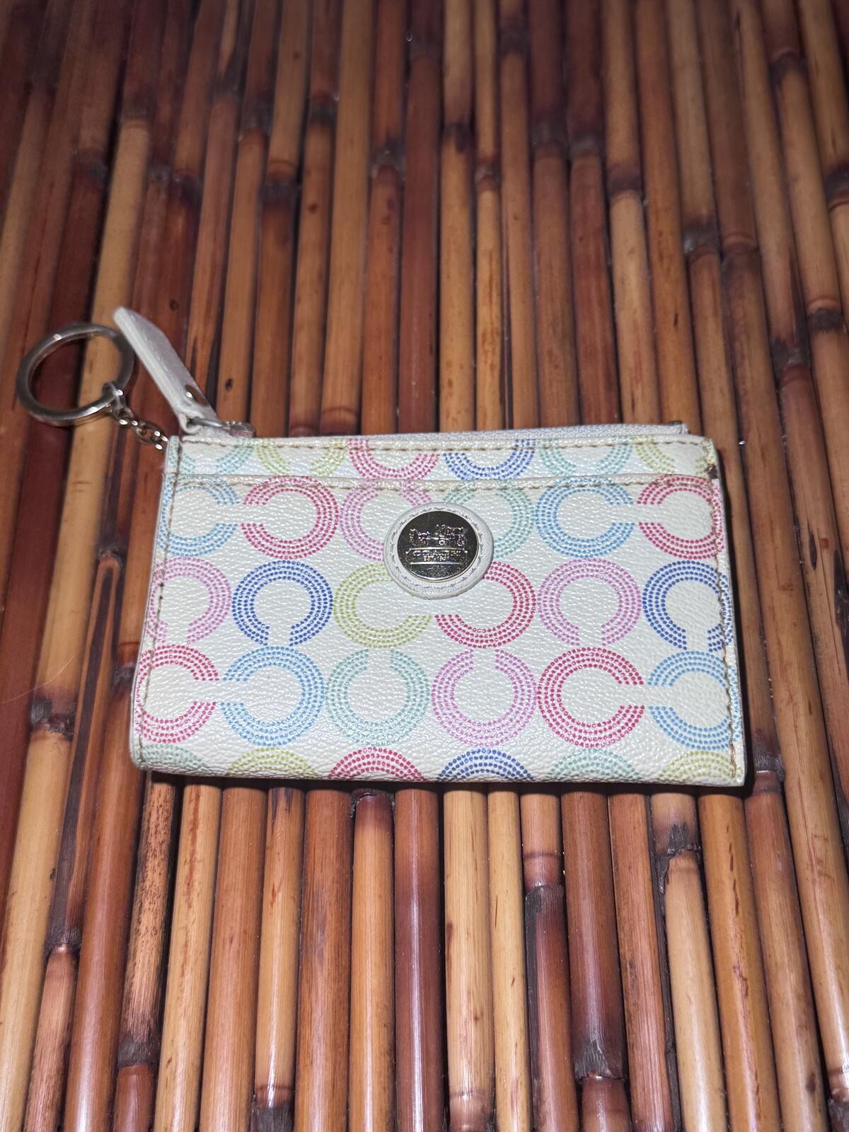 Coach Multicolor Optic Signature Zip Coin Purse Keychain Card Holder White Pink
