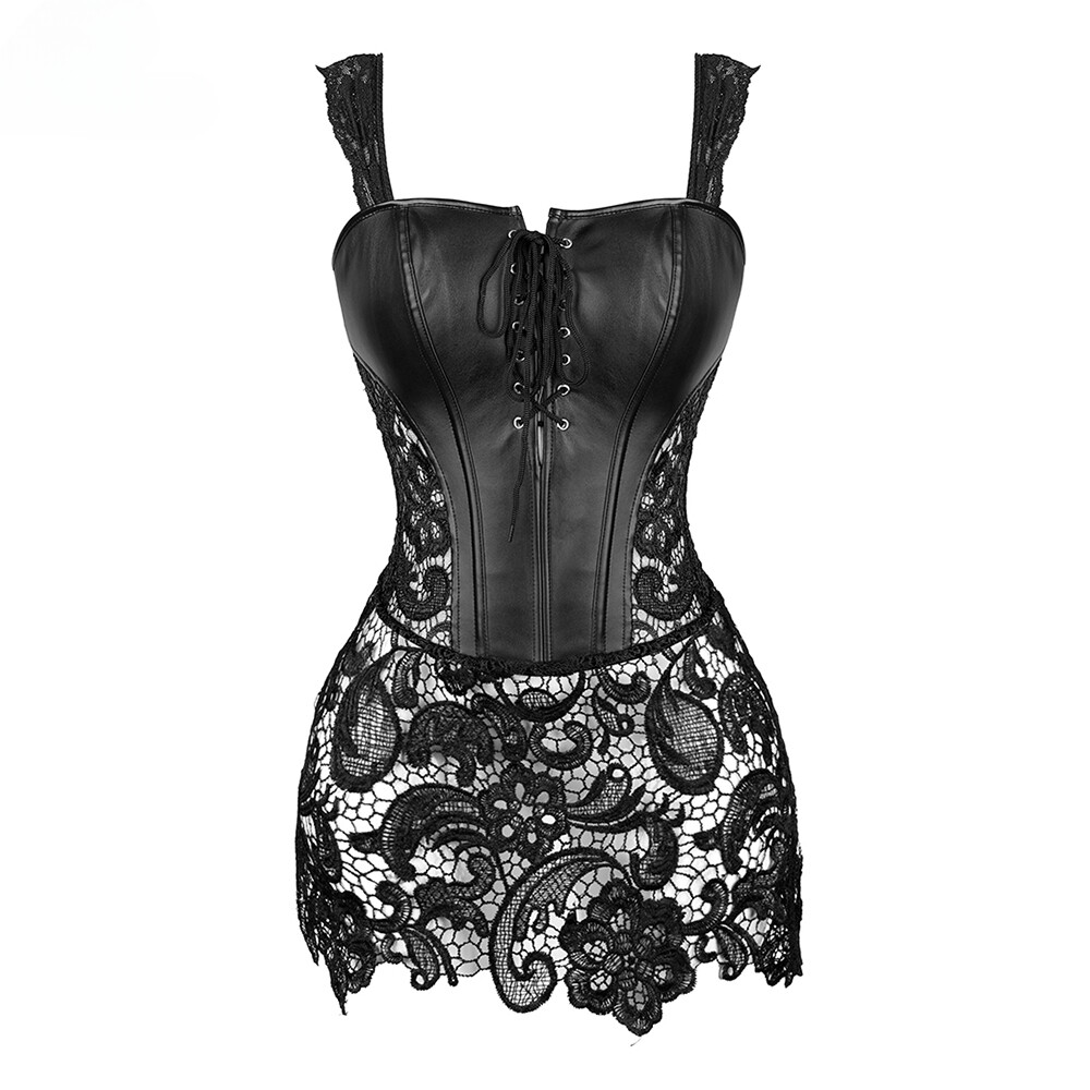 Women's Lace Punk Faux Leather Bustier Corset Dress Plus Size Lingerie Sets  With | eBay