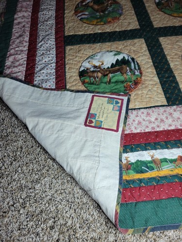 Handmade Patch Green Floral Design Throw Vtg Buck Deer Quilt Bed Hunting Blanket - Picture 8 of 14