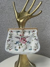 Vtg Evening Bag Purse Beaded Embroidery Floral Chain