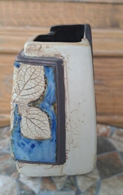 Tenmoku Pottery Malaysia Handicraft Vase Leaf Design Blue Glaze