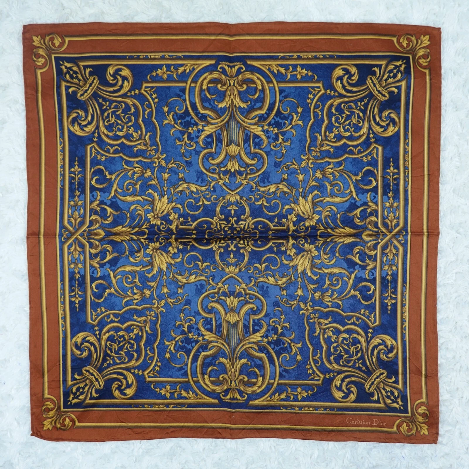 CHRISTIAN DIOR Foulard foulard coton marron bleu poche carré 20,5